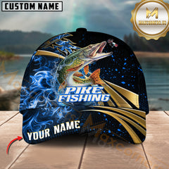 Maxcorners Pike Fishing Fire Gold Pattern With Blue Flame Pattern Sport Pattern Personalized Name 3D Cap MT78