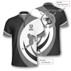Maxcorners Black Grey Silhouette Billiard Custom Name Zipper Polo Shirt