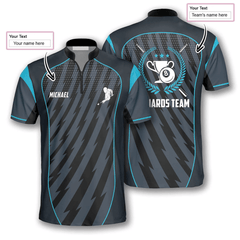 Maxcorners Blue Grey Style Billiard Custom Name Zipper Polo Shirt