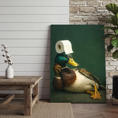 Maxcorners Funny Duck Bathroom Canvas Wall Art – Quirky Rustic Lodge Decor – Mallard Humor Gift Idea
