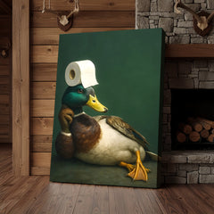 Maxcorners Funny Duck Bathroom Canvas Wall Art – Quirky Rustic Lodge Decor – Mallard Humor Gift Idea