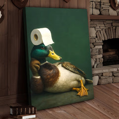 Maxcorners Funny Duck Bathroom Canvas Wall Art – Quirky Rustic Lodge Decor – Mallard Humor Gift Idea