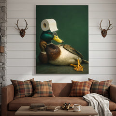 Maxcorners Funny Duck Bathroom Canvas Wall Art – Quirky Rustic Lodge Decor – Mallard Humor Gift Idea