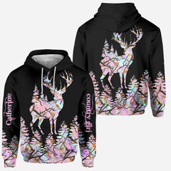 Maxcorners Deer Hunting Camo Forest Pink Silhouette Buck Personalized Name 3D Hoodie TU2611