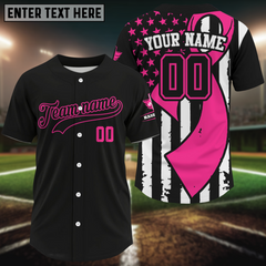 Maxcorners Pink Ribbon & US Flag Baseball Jersey For Men Custom Name, Number & Logo | Black LM2608