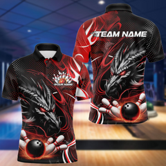 Maxcorners Custom Black And Red Flame Dragon Bowling Jerseys, Dragon Bowling Team Men Polo Shirts LM193