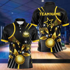 Maxcorners Funny Black And Gold Mens Bowling Polo, 1/4 Zip Shirts Custom Bowling Outfit Men Team Jerseys Lm173