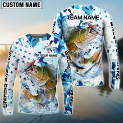 Maxcorners Walleye Fishing Blue White American Flag Personalized Name, Team Name 3D Shirt