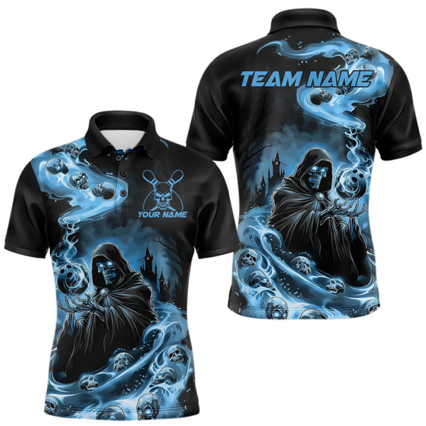 Maxcorners Custom Grim Reaper Bowling Polo Shirts For Men, Mid Blue Flame Skull Halloween Design LM105