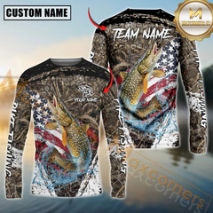 Maxcorners Pike Fishing American Flag Scratch Grass Camo Custom Name & Team Name 3D Shirts