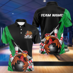 Maxcorners Black And Green Custom Funny Turkey Thanksgiving Bowling Team Polo Shirts For Men LM113