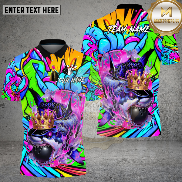 Maxcorners Bowling King Shark Graffiti Neon Art Design Multi Options Personalized Name Team Name 3D Shirt