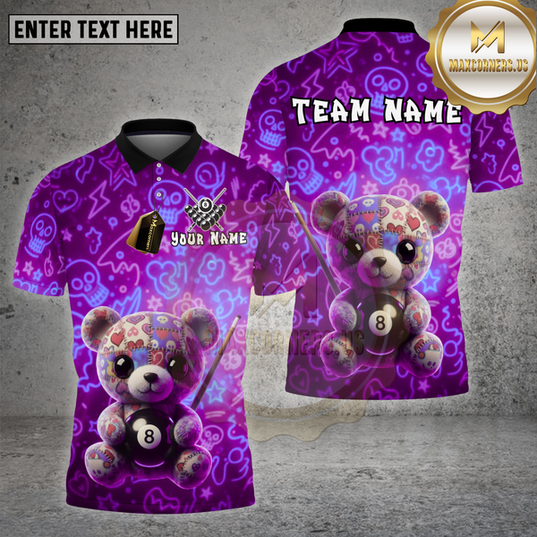 Maxcorners Billiards Cute Teddy Bear Neon Graffiti Style Multi Options Personalized Name Team Name 3D Shirt