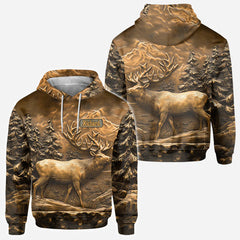 Maxcorners Elk Hunting Golden Engraved Forest Scene Personalized Name 3D Hoodie TU2611