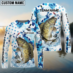 Maxcorners Crappie Fishing Blue White American Flag Personalized Name, Team Name 3D Shirt