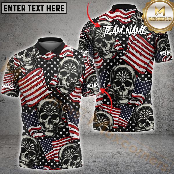Maxcorners Darts Patriotic Skull Customized Name, Team Name 3D Polo Shirt