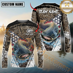 Maxcorners Catfish Fishing American Flag Scratch Grass Camo Custom Name & Team Name 3D Shirts