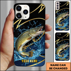 Maxcorners Pike Fishing Phone Case Dynamic Water Splash Black Gold Line Personalized Name Phone Case