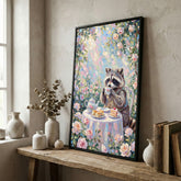 Maxcorners Raccoon Drinking Tea with Desserts Floral Pastel Art Canvas Wall Art
