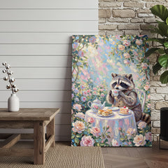 Maxcorners Raccoon Drinking Tea with Desserts Floral Pastel Art Canvas Wall Art