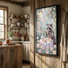 Maxcorners Raccoon Drinking Tea with Desserts Floral Pastel Art Canvas Wall Art