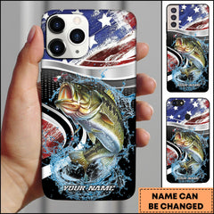 Maxcorners Large Mouth Bass Fishing American Flag Metallic Wave Water Splash Art Personalized Name Phone Case