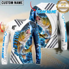 Maxcorners Walleye Fishing White Blue Lava Sun Protection Personalized Name, Team Name Long Sleeve Shirt