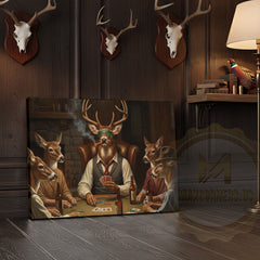Maxcorners Deer Hunter Holding Rifle beside Fireplace Wrapped Canvas