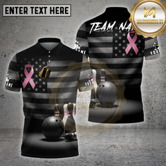 Maxcorners Bowling Shirt Pink Ribbon USA Flag Mult Options Personalized Name, Team Name 3D Shirt
