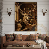 Maxcorners Intellectual Deer Canvas Art - Reading Stag in Library Print