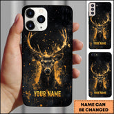 Maxcorners Artist Hunting Deer Golden Orange Splatter Paint Black Background Personalized Name Phone Case