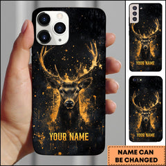 Maxcorners Artist Hunting Deer Golden Orange Splatter Paint Black Background Personalized Name Phone Case