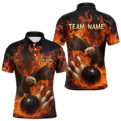 Maxcorners Flame Eagle Bowling Polo, Quarter Zip Shirts For Men Custom Eagle Bowling Team Jerseys LM1805