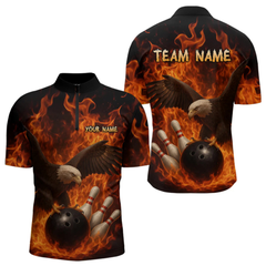 Maxcorners Flame Eagle Bowling Polo, Quarter Zip Shirts For Men Custom Eagle Bowling Team Jerseys LM1805