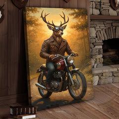 Maxcorners Deer Biker in Leather Jacket Riding Motorcycle Wrapped Canvas
