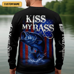 Maxcorners Kiss My Bass Patriotic Fishing Shirt, SPF Shirt, Funny Fishing Shirt, Fishing Shirts For Men, Bass Fishing