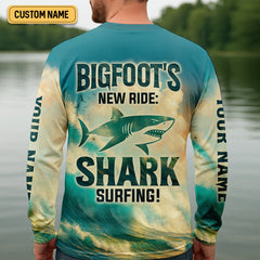 Maxcorners Bigfoot's New Ride Shark Surfing Fishing UPF Shirts, Funny Fishing Shirt, Presents For Fishermen