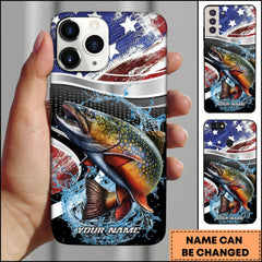 Maxcorners Trout Fishing American Flag Metallic Wave Water Splash Art Personalized Name Phone Case