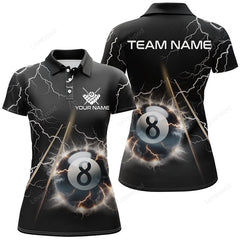 Maxcorners Personalized Thunder Lighting Black 8 Ball Billiard 3D Polo Shirts For Women