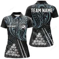 Maxcorners Personalized Blue Tribal 8 Ball Billiard 3D Polo Shirts For Women