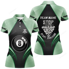 Maxcorners Billiard Stop Talking Start Chalking Custom Name Green And Black Polo Shirts For Women
