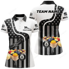 Maxcorners Billiard Balls American Flag Custom Name 3D Billiard Polo Shirts For Women