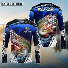 Maxcorners Pike Fishing Dark Blue Scratch American Flag Custom Name & Team Name 3D Shirts