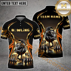 Maxcorner Bowling Ball & Pins Premium Golden Multicolor Option Customized Name 3D Shirt (6 Colors)
