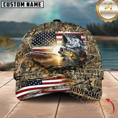 Maxcorners Largemouth Bass Fishing Sunset Flag Of United States Camo Pattern Multicolor Personalized Name 3D Cap