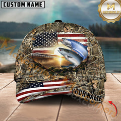 Maxcorners Salmon Fishing Sunset Flag Of United States Camo Pattern Multicolor Personalized Name 3D Cap