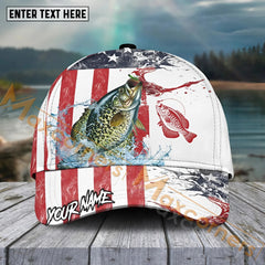 Maxcorners Crappie Fishing Red Blue Seawwave American Flag Pattern Sport Pattern Personalized Name 3D Cap MT173