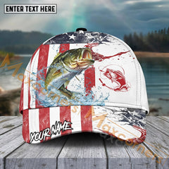 Maxcorners Bass Fishing Red Blue Seawwave American Flag Pattern Sport Pattern Personalized Name 3D Cap MT173