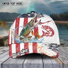Maxcorners Pike Fishing Red Blue Seawwave American Flag Pattern Sport Pattern Personalized Name 3D Cap MT173
