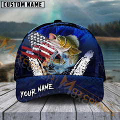 Maxcorners Walleye Fishing Dark Blue Scratch American Flag Pattern Sport Pattern Personalized Name 3D Cap MT173